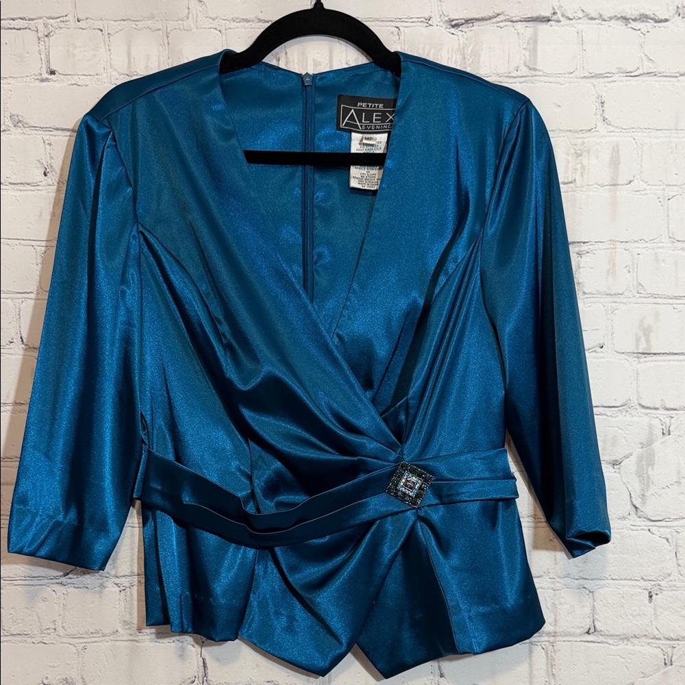 VNTG Alex Evenings Women's Dark Teal Satin Blouse Size MP